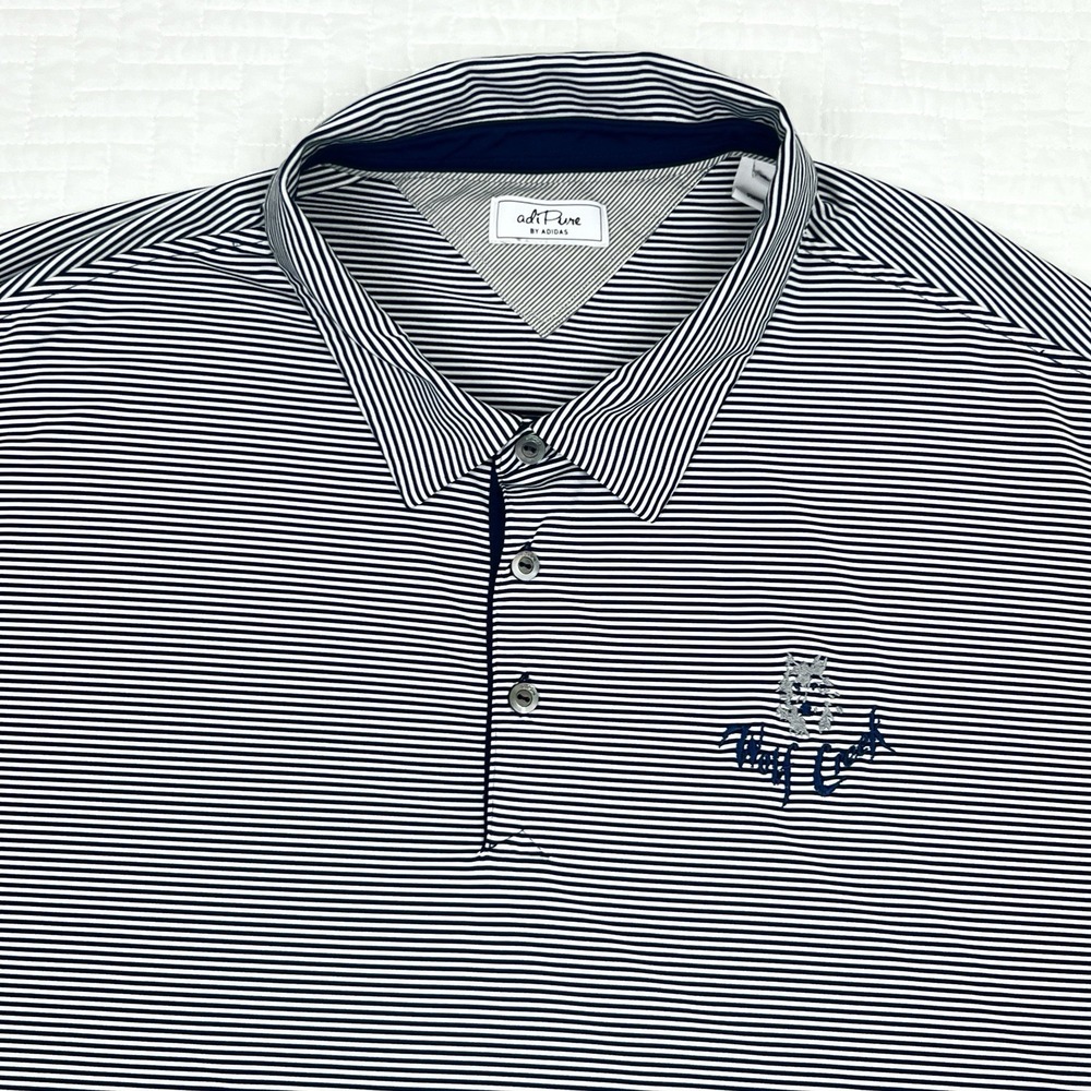 Adidas AdiPure Polo Shirt Mens XL Blue Striped Wolf Creek Logo Golf Performance